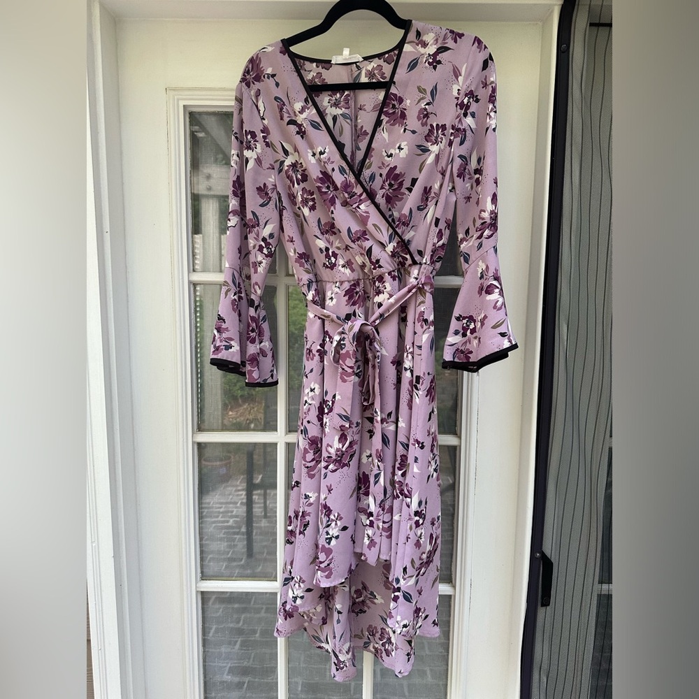 JUNE & HUDSON Floral Hi Low hem Bell Sleeve Dress Sz Large in Mauve Olive